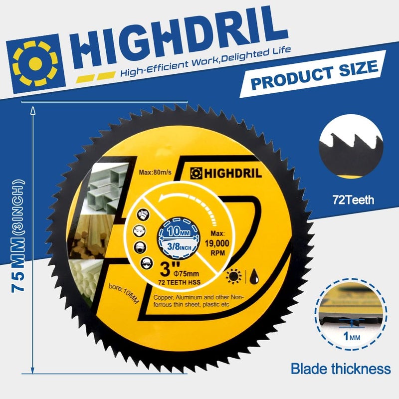 HIGHDRIL HSS Metal Blade 3" 75mm x Arbor 3/8" 10mm - 4pcs Angle Grinder Cutting Disc for Cutting Copper Aluminum Plastic Soft Metal - Image 2